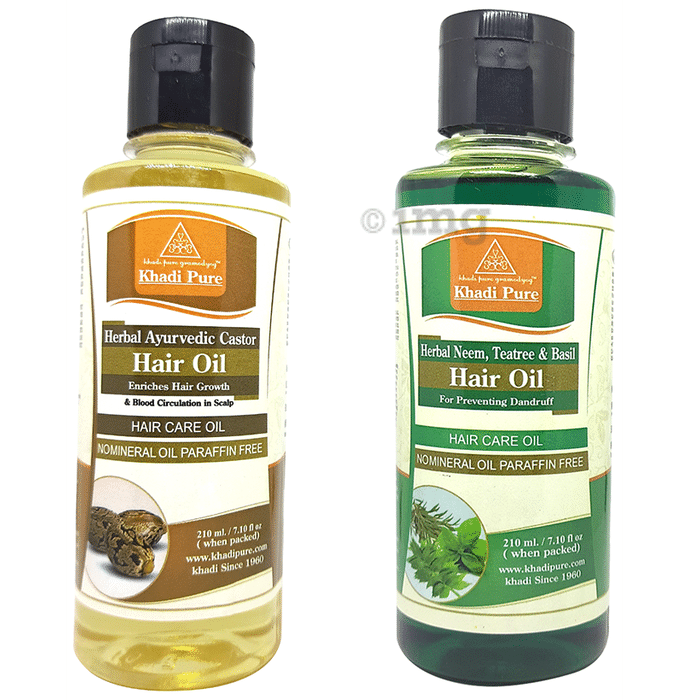 Khadi Pure Combo Pack of Herbal Ayurvedic Castor Hair Oil & Herbal Neem, Teatree & Basil Hair Oil Mineral Oil Free & Paraffin Free (210ml Each)