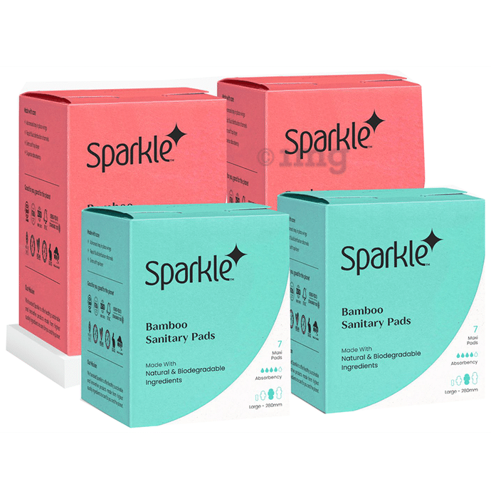Sparkle Combo Pack of Bamboo Sanitary Pads Made with Natural Biodegradable Ingredients 2 Large & 2 Overnight (7 Each)