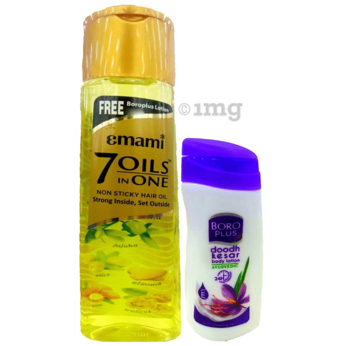 Emami 7 Oils in One Non Sticky Hair Oil with Boro Plus Doodh Kesar Body Lotion Free