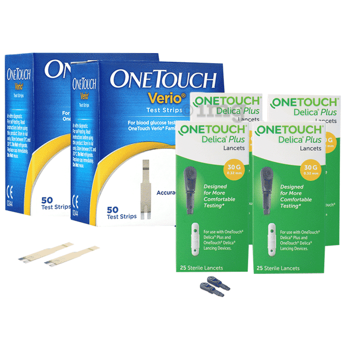 Combo Pack of 2 Box of OneTouch Verio Test Strip (50 Each) & 4 Box of OneTouch Delica Plus Lancet (25 Each)