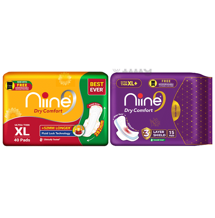 Niine Combo Pack of Dry Comfort Ultra Thin Pads XL (40) & XL+ (15) with Free Biodegradable Disposable Bags
