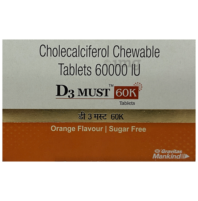 D3 Must 60K Tablet Orange Sugar Free Buy strip of 8.0 Chewable Tablets