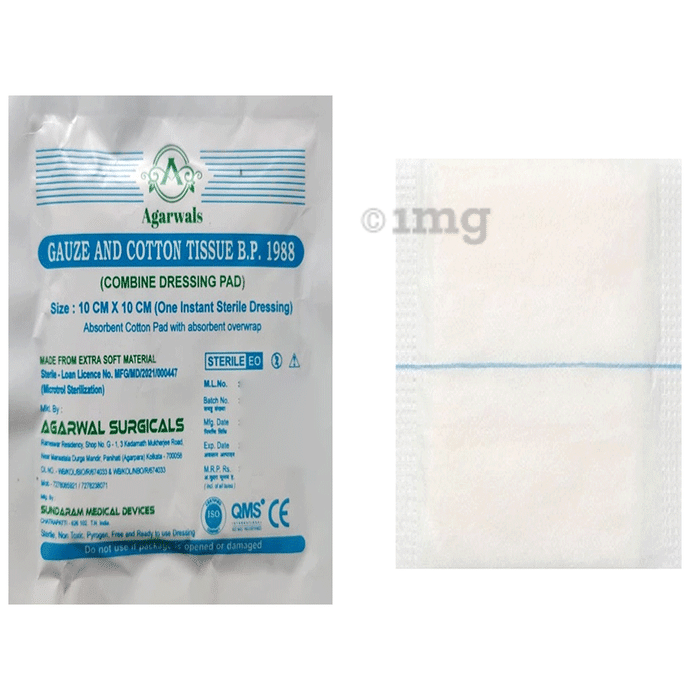 Agarwals Gauze and Cotton Tissue B.P 1988 (Combine Dressing Pad) 10cm x 10cm