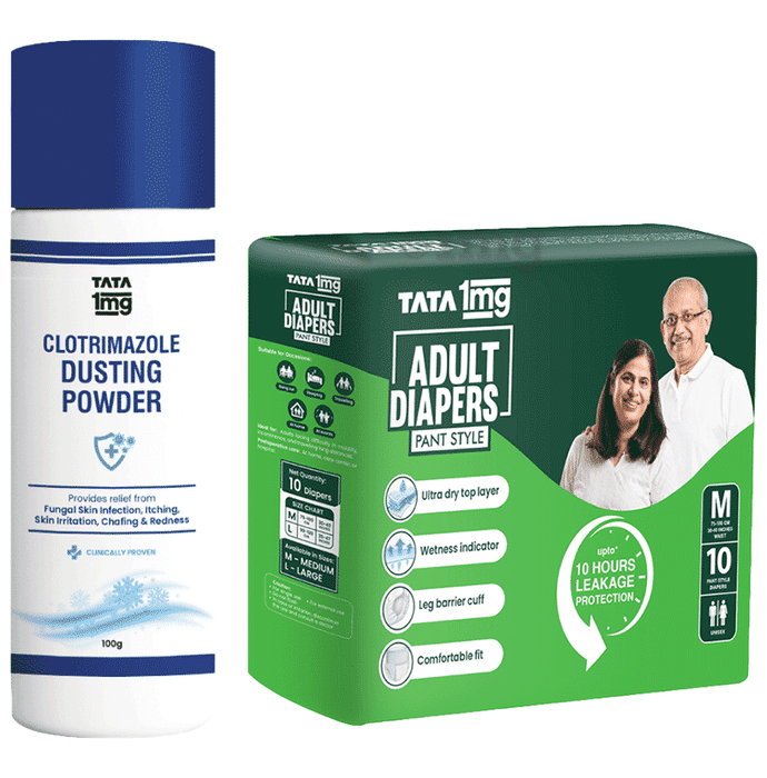 Combo Pack of Tata 1mg Adult Diaper Pant Style Medium (10) & Tata 1mg Antifungal Dusting Powder (100gm)