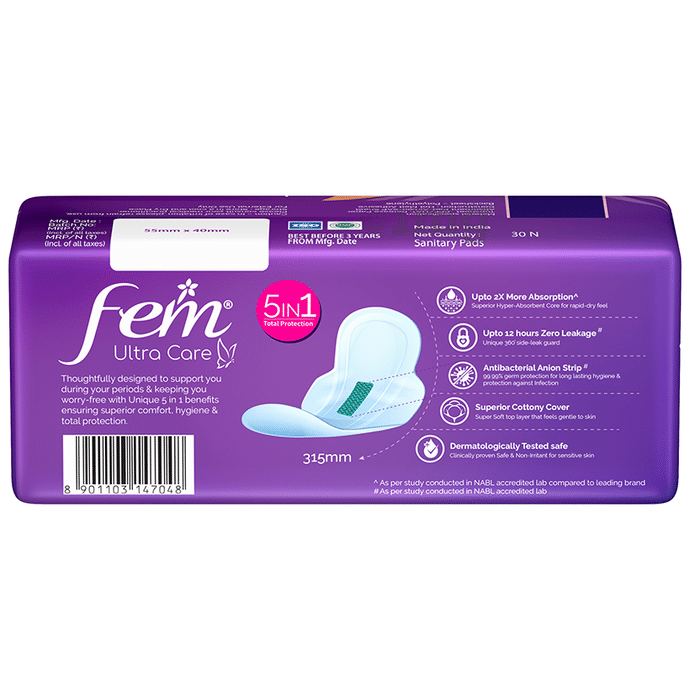 Fem Ultra Care Sanitary Pads for Women - XL+(Pack of 50) with wings| 2X  higher absorption technology | Zero leakage up to 12 hours |  Dermatologically