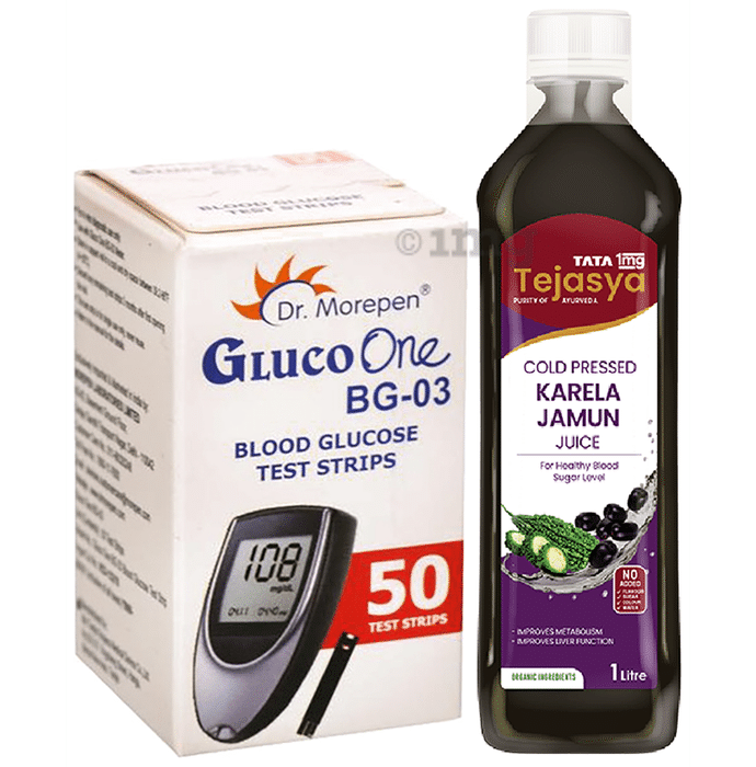 Combo Pack of Dr Morepen Gluco One BG 03 Blood Glucose Test Strip (50) & Tata 1mg Tejasya Karela Jamun Juice (1Ltr)