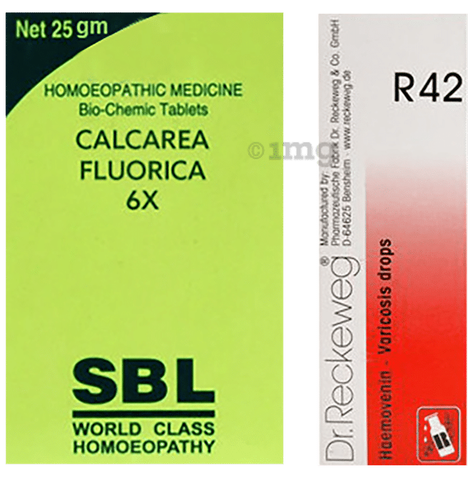 Combo Pack of Dr. Reckeweg R42 Varicosis Drop (22ml) & SBL Calcarea Fluorica Biochemic Tablet 6X (25gm)