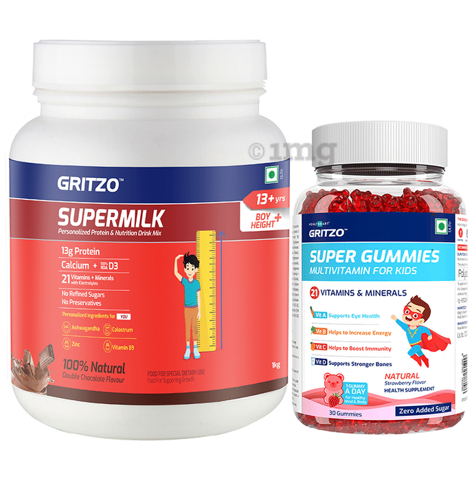 Gritzo Combo Pack of Supermilk 13+Years Boys Height+Double Chocolate Flavour (1kg) and Super Gummies Multivitamins for Kids Natural Strawberry Flavour (30)