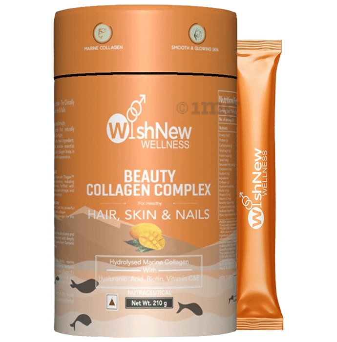 Wishnew Wellness Beauty Collagen Complex Sachet (10gm Each) for Healthy Hair, Skin and Nails with Hydrolysed Marine Collagen Hyaluronic Acid, Biotin & Vitamin C Mango