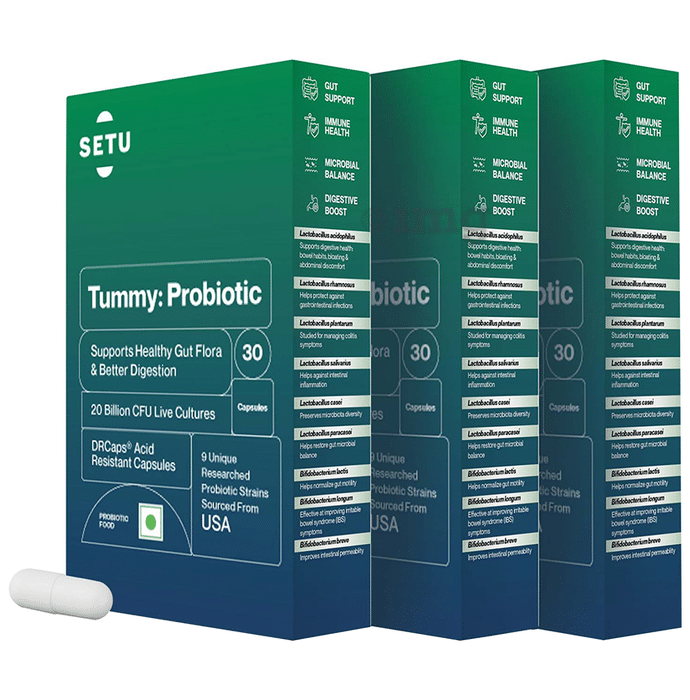 Setu Tummy Probiotic Capsule with 20 Billion CFUs for Digestion & Reduced Gas (30 Each)