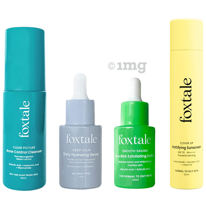 Foxtale Acne Control Cleanser (100 ml) & Daily Hydrating Serum (30 ml) & AHA BHA Exfoliating Serum (30 ml) & Mattifying Sunscreen (50 ml)