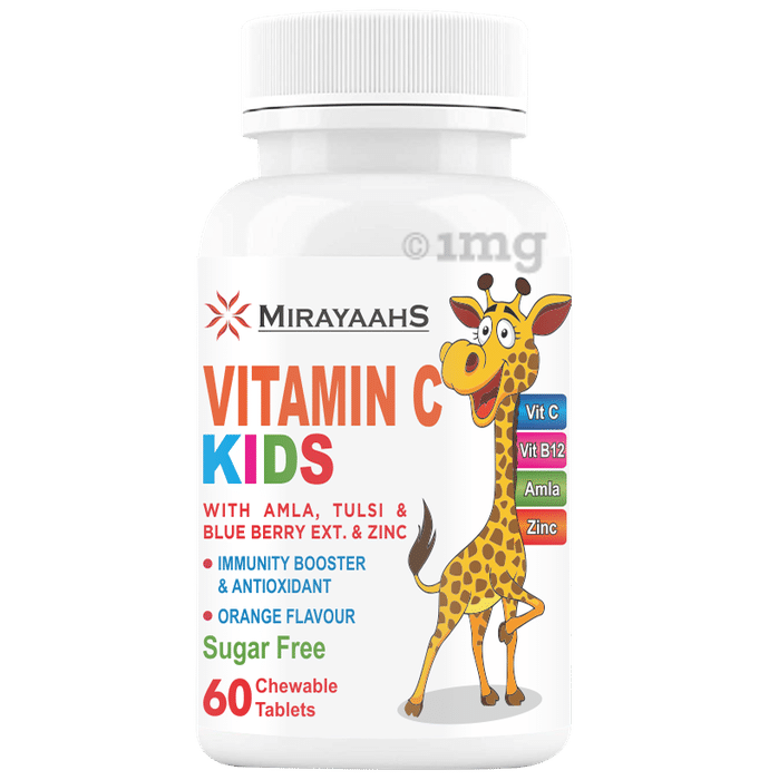 Mirayaahs Vitamin C with Amla, Tulsi & Zinc for Kids' Immunity & Antioxidant Support | Sugar Free | Flavour Orange Chewable Tablet