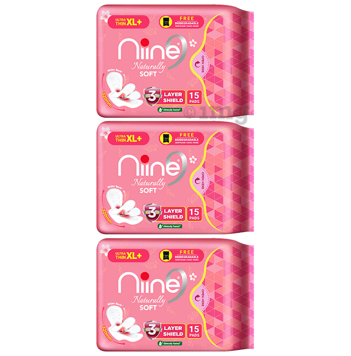 Niine Naturally Soft Pads (15 Each) with Biodegradable Disposal Bag Inside Free Ultra Thin XL+
