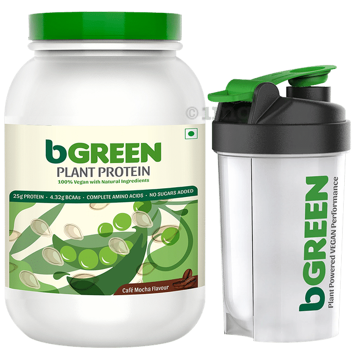 MuscleBlaze bGreen Plant Protein | For Muscle Gain, Immunity & Recovery | Flavour Powder Cafe Mocha with Shaker