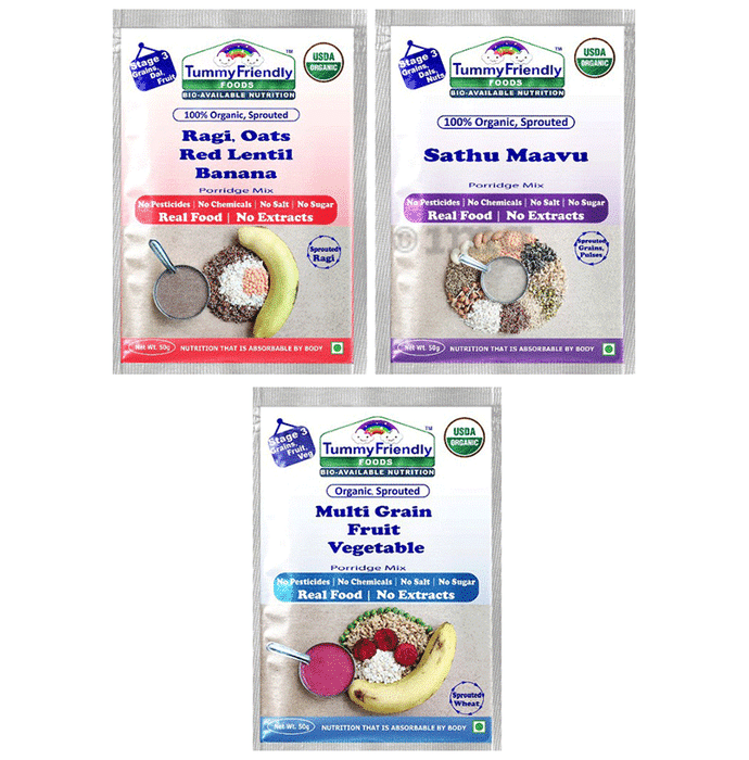 TummyFriendly Foods Stage 3 Porridge Mix Trial Pack (50gm Each) Ragi, Sathu Maavu, MultiGrain