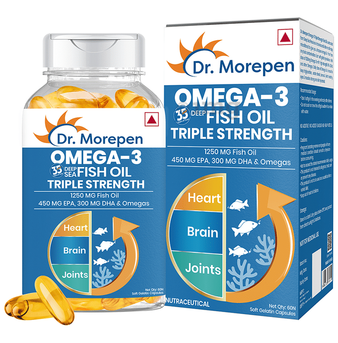 Dr. Morepen Triple Strength Omega 3 Fish Oil 1250mg Softgel with Vitamin E | For Heart, Brain & Joint Health