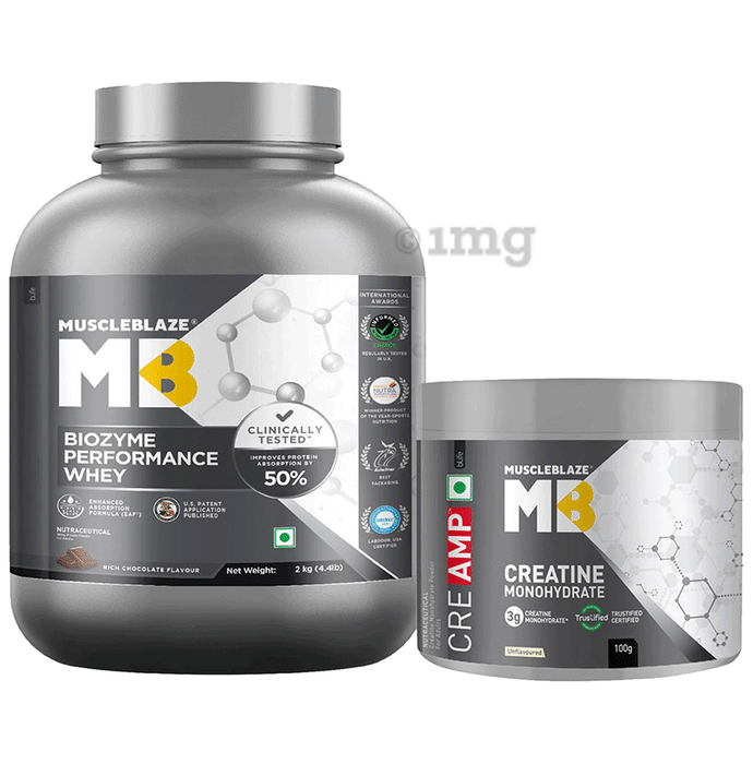 Muscleblaze Combo Pack of Biozyme Performance Whey Powder Rich Chocolate(2kg) & Creatine Monohydrate Unflavoured (100gm)