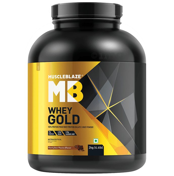 MuscleBlaze Whey Gold 100% Whey Protein Isolate | With Digestive Enzymes | Powder for Muscle Synthesis | Flavour Powder Dark Choco Passion