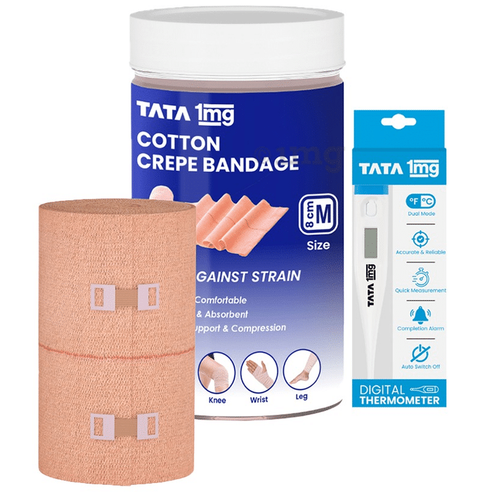 Combo Pack of Tata 1mg Cotton Crepe Bandage 8cm & Tata 1mg Digital Thermometer