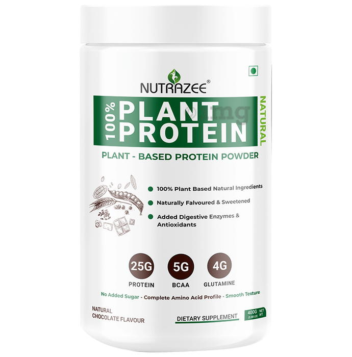 Nutrazee Natural 100% Plant-Based Protein | With Added Digestive Enzymes, BCAA & Glutamine for Muscles | Flavour Powder Natural Chocolate