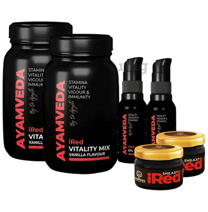Ayamveda Combo Pack of i Red Vitality Mix Sugar Free with Vanila Flavour(180gm Each) ,i Red Massage Oil (30ml Each) & Shilajit Resin (20gm Each)