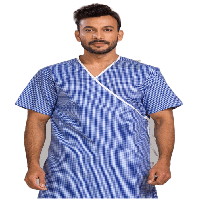 Agarwals Unisex Patient Gown Front Open Overlap Blue Checks Large