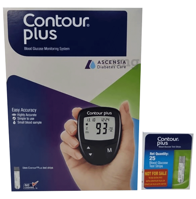 Contour Plus Blood Glucose Monitoring System Glucometer with Contour Plus Blood Glucose Test Strip 25S Free