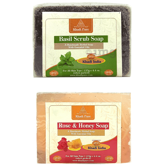 Khadi Pure Combo Pack of Basil Scrub Soap & Rose & Honey Soap (125gm Each)