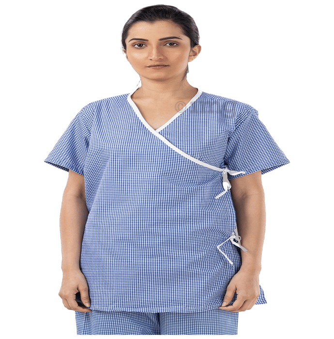 Agarwals Unisex Patient Dress Front Open Overlap Blue Checks Large