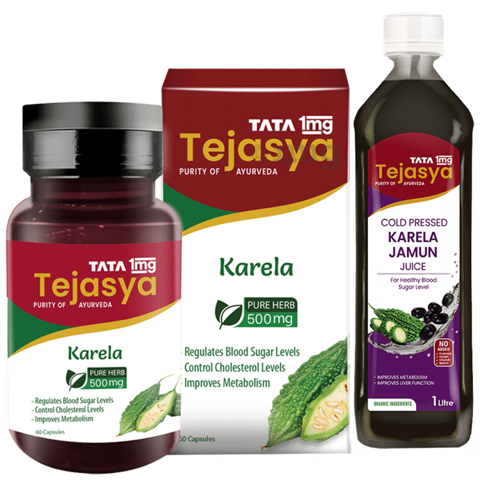 Tata 1mg Combo Pack of Tejasya Karela Capsule 500mg (60) & Tejasya Karela Jamun Juice (1ltr)