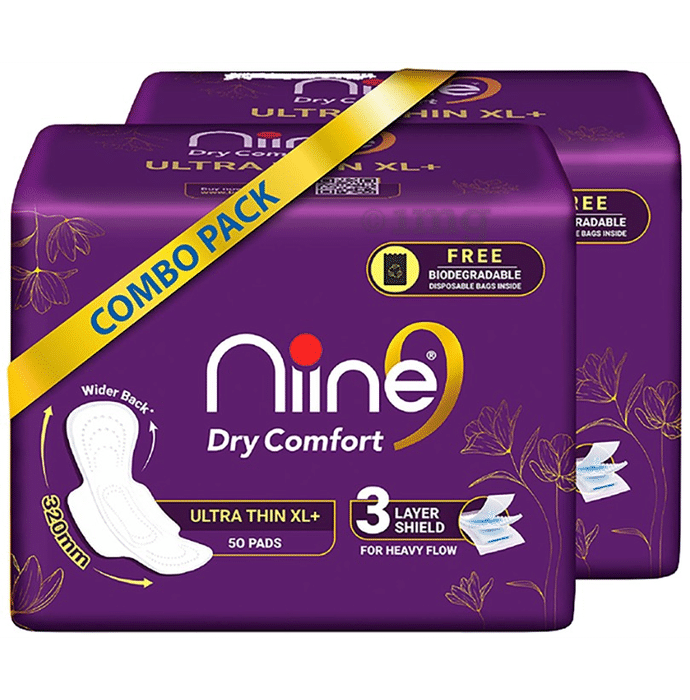 Niine Dry Comfort Ultra Thin  Sanitary Pads for Heavy Flow with Biodegradable Disposable Bags Inside ( 50 Each) XL+