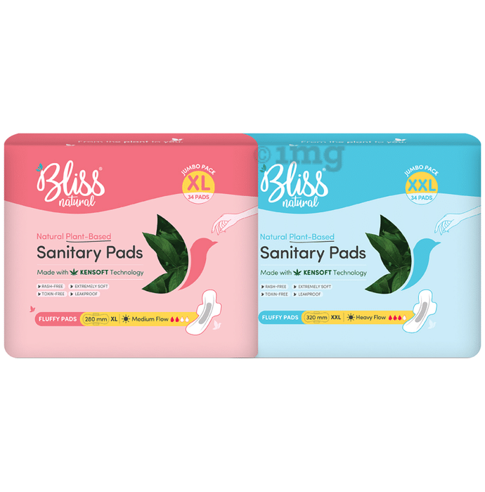 Bliss Combo Pack of Natural Plant Based Sanitary Pads XL & XXL (34 Each)
