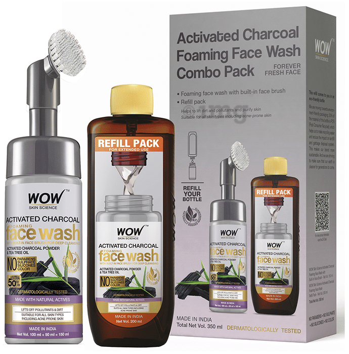WOW Skin Science Combo Pack of Activated Charcoal Foaming Face Wash 150ml with Refill Pack 200ml
