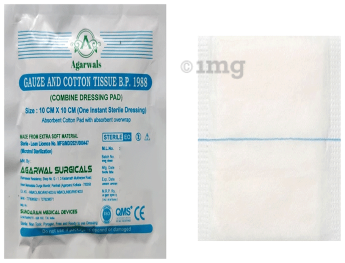 Agarwals Gauze and Cotton Tissue B.P 1988 (Combine Dressing Pad) 10cm x 10cm