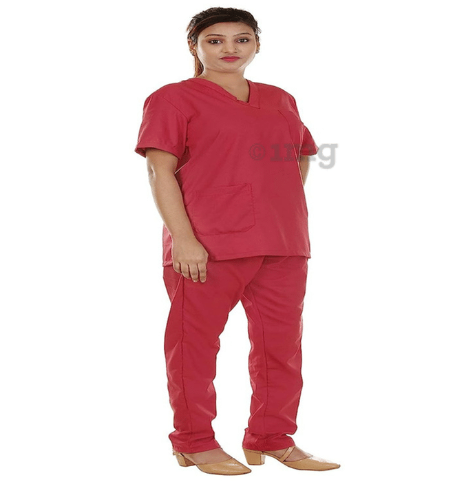 Agarwals Unisex V Neck Scrub Suit OT Dress With Two Pockets Cotton Plum Red XXL