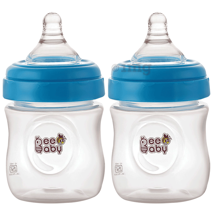 BeeBaby Ease Wide Neck Baby Feeding Bottle with Medium Flow Anti-Colic Soft Silicone Nipple 4 Months + (150ml Each) Blue