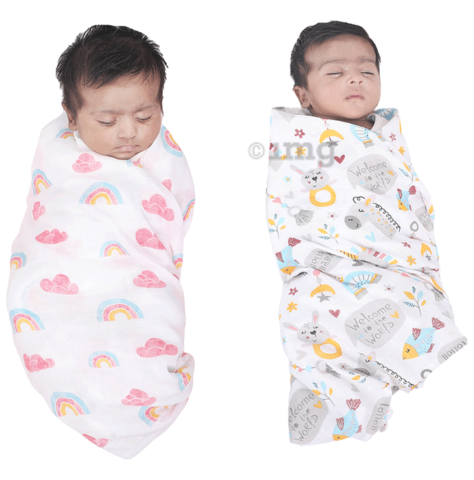 Polka Tots Muslin Cotton Swaddles Rainbow Mist & Hello Baby White