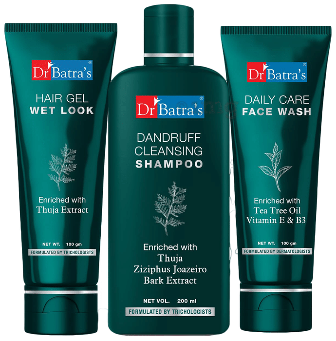 Dr Batra's Combo Pack of Face Wash Daily Care 100gm, Dandruff Cleansing Shampoo 200ml and Hair Gel Wet Look 100gm