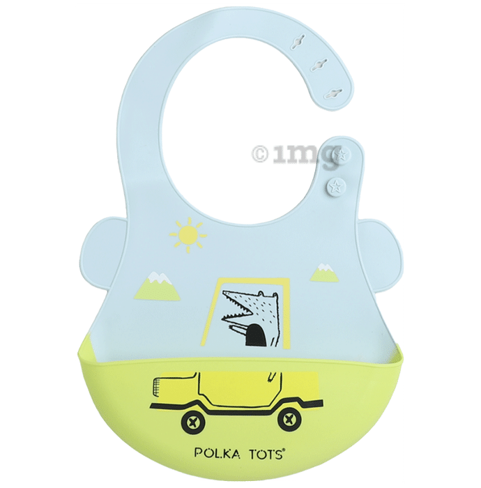 Polka Tots Waterproof Silicone Feeding Bibs With Adjustable Snap Buttons Green Car Print