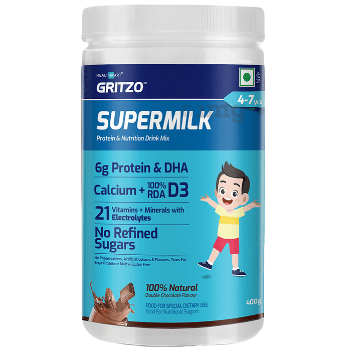 Gritzo SuperMilk for Active Kids, Protein Powder for Kids, High Protein (6 g), DHA, Calcium + D3, 21 Nutrients, No Refined Sugar, 100% Natural Double Chocolate Flavour 4-7 years Double Chocolate