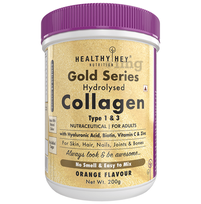 HealthyHey Nutrition Gold Series Hydrolysed Collagen Type 1 & 3 for Skin, Hair, Nails, Bones & Joints | For Adults | Flavour Orange