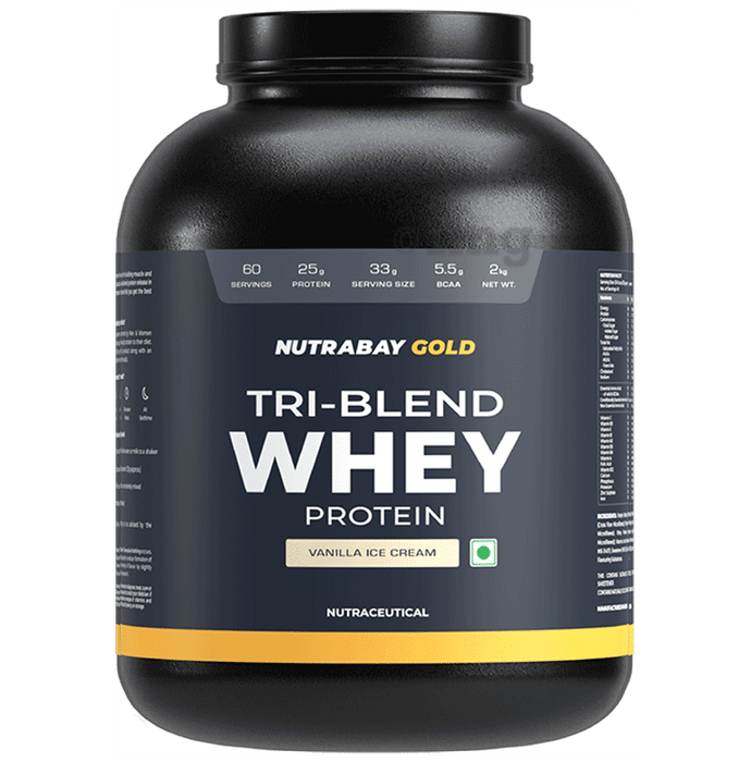 Nutrabay Gold Tri-Blend Whey Protein for Muscle Recovery & Immunity | No Added Sugar | Flavour Vanilla Icecream
