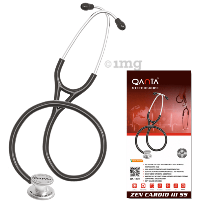 Qanta QA-1170 Zen Cardio III SS Cardiology Stethoscope, SS & Dual Head Chest Piece Black