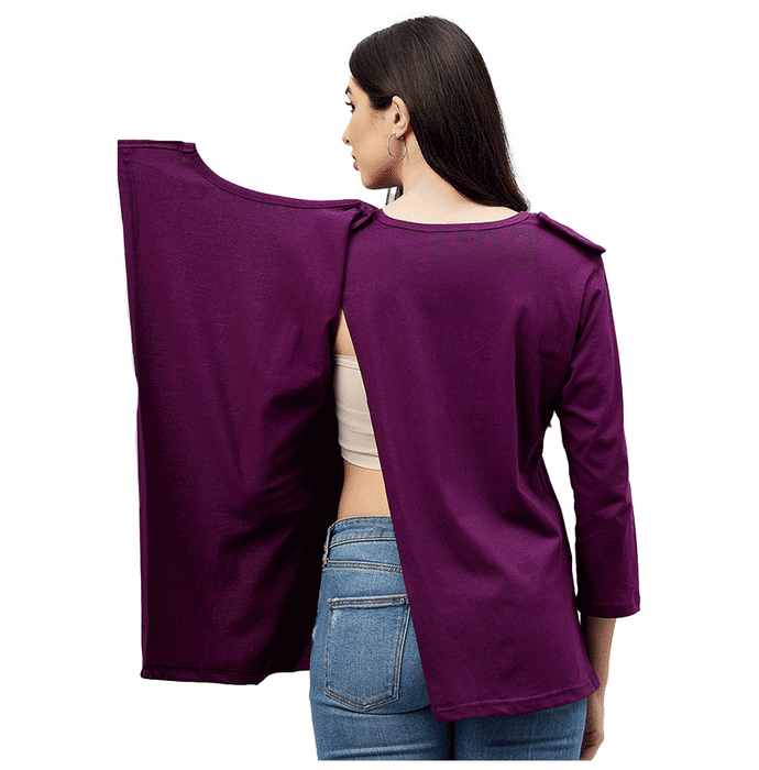 Haxor Women's Round Neck Wine Open Back 3/4 Length Sleeve Adaptive Top XXL