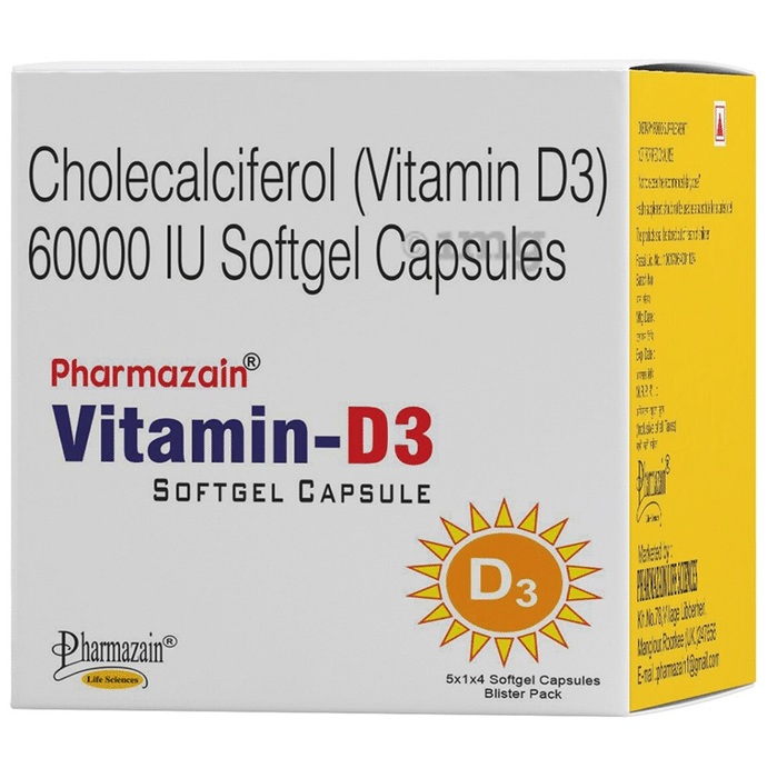 Pharmazain Life Sciences Cholecalciferol (Vitamin D3) 60k Softgel Capsules (5 Strip Each)