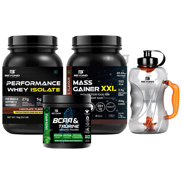 Beyond Fitness Combo Pack of Mass Gainer XXL 1kg, Performance Whey Isolate 1kg, BCAA Taurine Isotonic Powder 500gm & Gallon Shaker 1.5 Litre