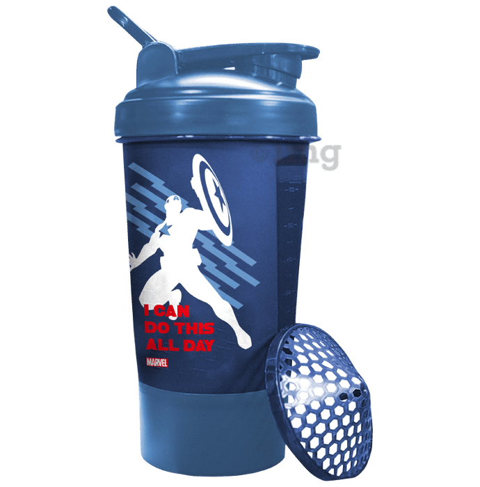 Powermax Fitness Protein Shaker Bottle with Single Storage Blue Captain America Marvel Edition