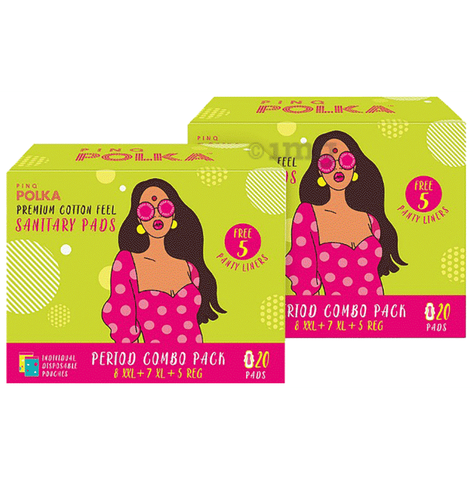 PINQ Polka Premium Cotton Feel Sanitary Pads Period Combo Pack (16XXL+15XL+10 Regular) with 10 Pantyliners Free