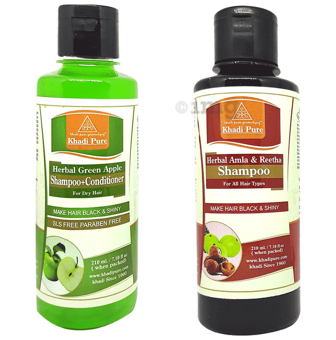 Khadi Pure Combo Pack of Herbal Amla & Reetha Shampoo & Herbal Green Apple Shampoo+Conditioner (210ml Each)