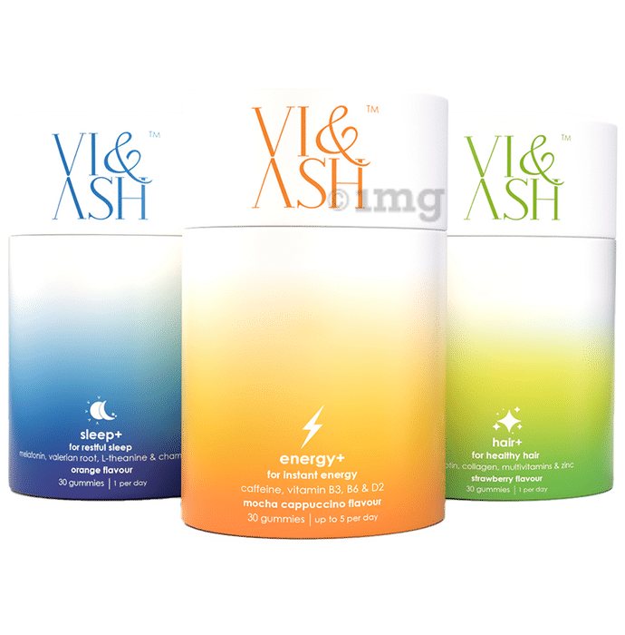 Vi & Ash Combo Pack of Sleep+ Orange, Energy+ Mocha Cappuccino & Hair+ Strawberry Gummies (30 Each)